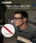 Man wearing Over Eyeglasses Safety Glasses With ANSI Z87 1 Lenses Anti Fog in workshop, highlighting nylon tips for comfort.
