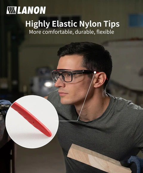 Man wearing Over Eyeglasses Safety Glasses With ANSI Z87 1 Lenses Anti Fog in workshop, highlighting nylon tips for comfort.