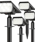 Heavy Duty Solar Spot Lights Outdoor 56 Led With 14 Lenses IP65 Waterproof 3 Modes features 4 sleek black spotlights with bright LEDs.