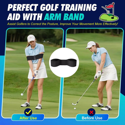 Female golfer demonstrating Retractable Golf Swing Trainer With Click Feedback For Right Handed Players, Tempo Stick Golf Practice Aid To Improve Tempo Strength And Swing Consistency With Arm Band, Great For Beginners, Indoor And Outdoor Use.