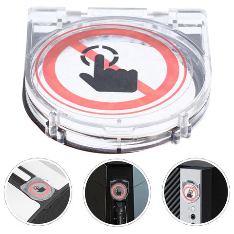 Transparent Push Button Switch Cover For Computers And Elevators, Kid Proof Power Button Protector showing no touch symbol.