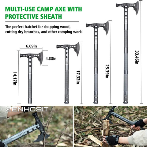All In One Folding Tactical Shovel Hatchet Kit with axe and extension handle, chopping wood.