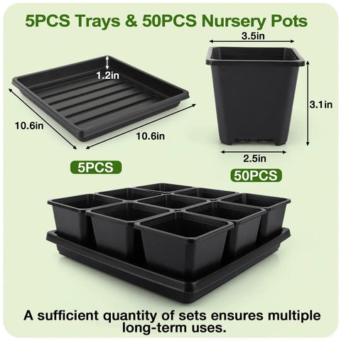 50 Pack Three Point Five Inch Square Seedling Pots With Drain Holes And 5 Seed Starter Trays Kit for easy plant germination