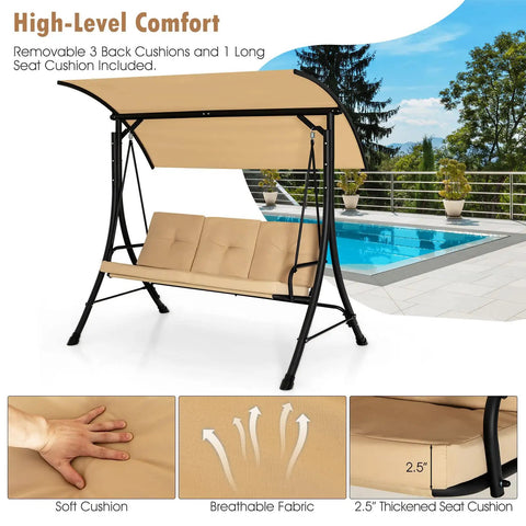 Three Person Porch Swing With Removable Cushions, Solid Steel Frame, Outdoor Patio Swing With Adjustable Canopy for poolside.