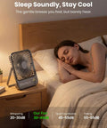 Woman sleeping next to 10000mAh Portable Travel Fan 7 Inch All Day Battery Life Up To 24 Hours Ultra Thin Quiet Rechargeable Desk Fan