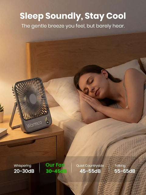 Woman sleeping next to 10000mAh Portable Travel Fan 7 Inch All Day Battery Life Up To 24 Hours Ultra Thin Quiet Rechargeable Desk Fan