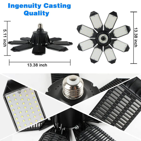 Ultra Bright 200W LED Garage Light With 8 Adjustable Panels For E26 E27 Sockets showing dimensions and panel details
