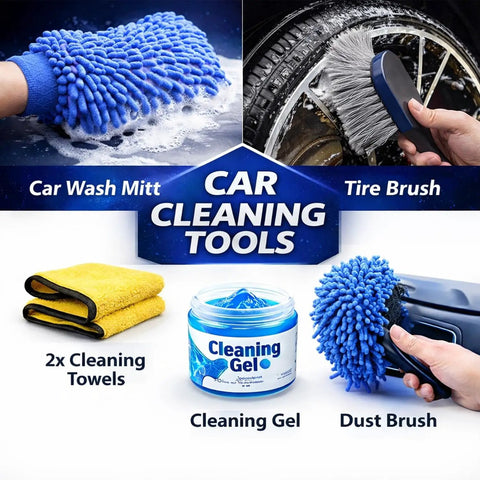 Car cleaning tools including wash mitt, tire brush, cleaning gel, towels from All In One 26 Piece Car Detailing Kit With Drill Brushes Pro Grade Detailing Brush Set Wire Bristles Dash Duster Tire Brush Air Vent Brush Wash Mitt Microfiber Towels And Storage Bag For Interior Exterior Wheels