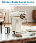 Compact Espresso Maker With 20 Bar Pressure And Built In Milk Frother Semi Automatic Coffee Brewer on modern kitchen countertop.