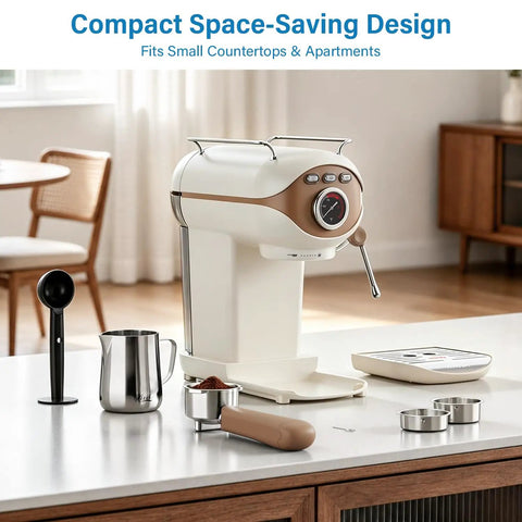 Compact Espresso Maker With 20 Bar Pressure And Built In Milk Frother Semi Automatic Coffee Brewer on modern kitchen countertop.