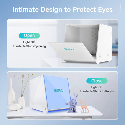 Open and closed Dope Resin UV Curing Box Plus with 405nm UV LEDs, 360-degree turntable, acrylic reflector, and timer.