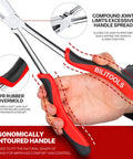 Close-up of 13 Inch Extra Long Internal Snap Ring Pliers with ergonomic grip and double joint for automotive use.