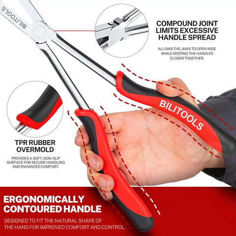 Close-up of 13 Inch Extra Long Internal Snap Ring Pliers with ergonomic grip and double joint for automotive use.