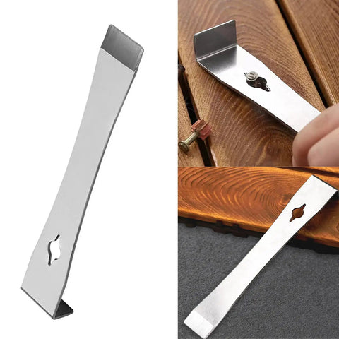 Beefy Stainless Steel Crowbars Set With Flat Head Pry Bars And Scrapers, shown in use as a woodworking tool for prying nails