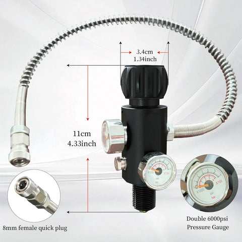Front view of M18×1.5 paintball fill-station valve with dual gauges, black body, 20-inch hose.