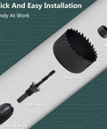 Components of 11 Piece Hole Saw Kit With Mandrel And Hex Key, Three Quarters To Two And A Half Inch Cutters, including nut and mandrel.