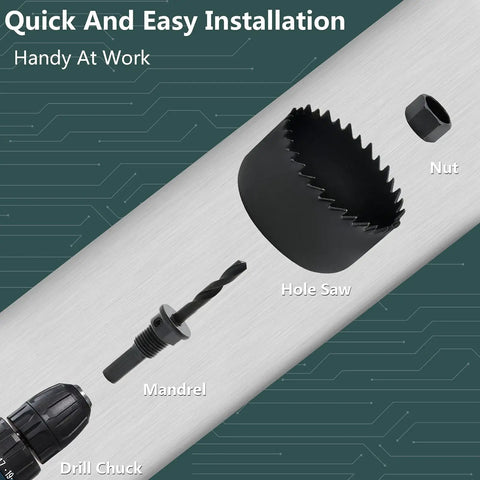 Components of 11 Piece Hole Saw Kit With Mandrel And Hex Key, Three Quarters To Two And A Half Inch Cutters, including nut and mandrel.