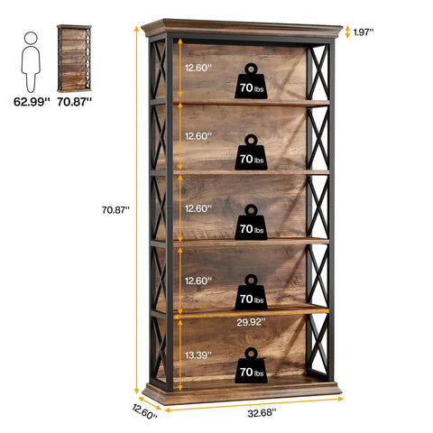 Heavy Duty Six Tier Industrial Bookshelf With Fresh X Pattern Accents 71 Inch Tall showing dimensions and weight capacity for each shelf.