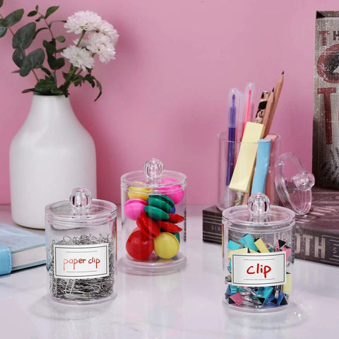 Super Practical Four Pack Clear Acrylic Qtip Holder Dispensers With Lids For Organizing Cotton Swabs Balls Pads And Floss Picks Comes With Labels In Two Sizes Twelve Ounce And Ten Ounce