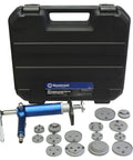 Air Powered Brake Caliper Wind Back Tool Kit With Fifteen Piece Adapter Set For Left And Right Hand Operation And Three Eighth Inch Drive Magnetic Base Ideal For Quick Brake Pad Replacement with case and adapters visible