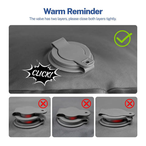 Valve detail on 6 Inch Thick Camping Sleeping Pad With Built In Foot Pump, showing proper closure with tick mark