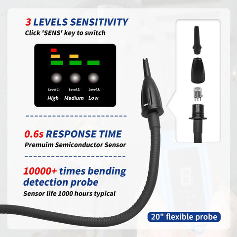 WISSCOOL HVAC leak detector for halogen refrigerants with 20-inch flexible probe and LCD display
