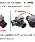 ATIE pool check valve rebuild kit for 2 inch Pentair 263042; black PVC valve body with clear screw-on lid, shown in multiple views
