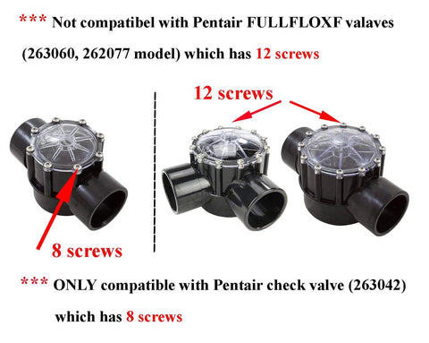 ATIE pool check valve rebuild kit for 2 inch Pentair 263042; black PVC valve body with clear screw-on lid, shown in multiple views
