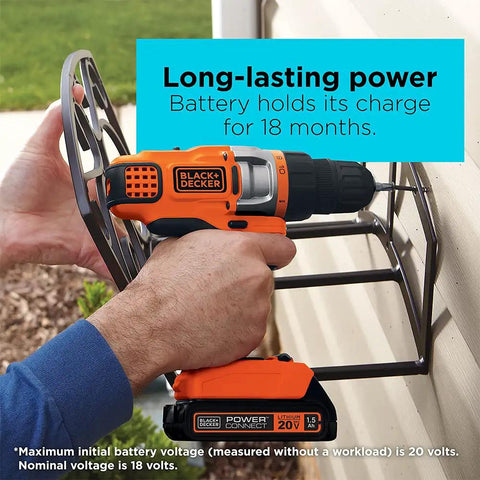 Person using 20V Max Cordless Drill Driver With Battery And Charger, LED Work Light, Lightweight 3.5 Lb Design on a metal rack