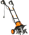 Electric Tiller And Cultivator With 14 Inch Till Width And Powerful 10 Amp Motor For Easy Garden Prep shown with wheels