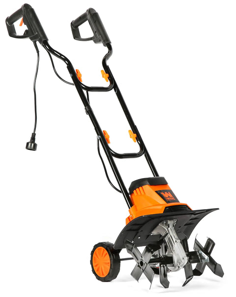 Electric Tiller And Cultivator With 14 Inch Till Width And Powerful 10 Amp Motor For Easy Garden Prep shown with wheels