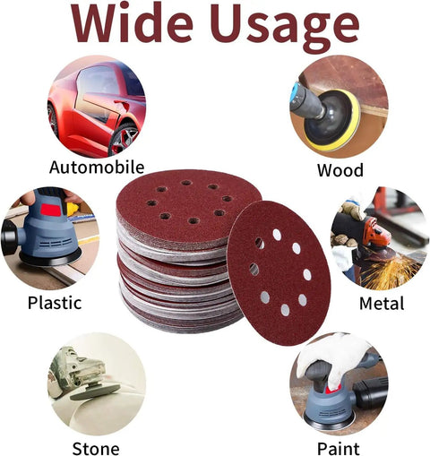 Image of 40 Sheets Sanding Discs Kit With 60 80 100 120 150 180 240 320 Grits For 5 Inch Orbital Sanders showing various uses.