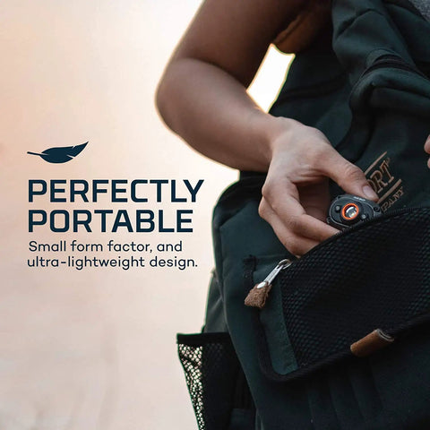 Person placing Mycro 400 Rechargeable Headlamp with 6 Light Modes and Detachable Hat Clip into backpack pocket