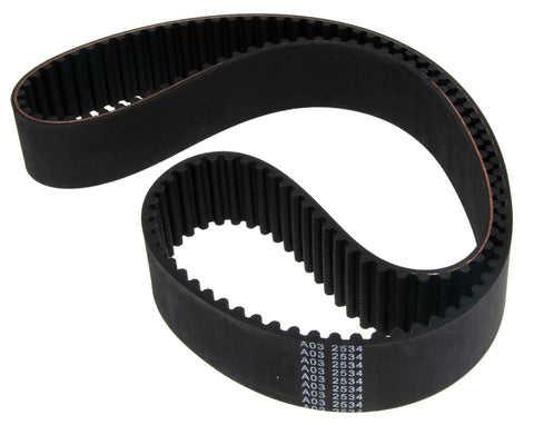 Heavy Duty 138 Tooth Drive Belt Perfect Replacement For Harley Parts BDL-138-38K showing a curved design and ribbed texture.