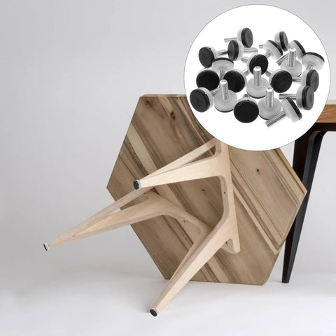 Adjustable M10 Furniture Leveling Feet Set With ABS And Iron Inserts 30 Pack on a wooden table leg