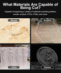 Collage of materials cut with Badass Desktop CNC Router: wood engraving, acrylic sign, PVC sculpture, and plastic details.