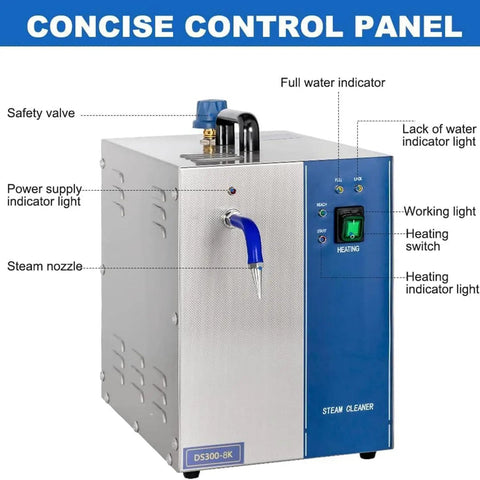 Heavy Duty Commercial Jewelry Steam Cleaner With Foot Pedal And Four Liter Tank For Gold Silver Rings And Gems Stainless Vapor Wash Rig showing detailed control panel with indicators.