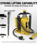 Top Shelf Pneumatic Air Bottle Jack With 20 Ton Capacity, suitable for lifting heavy cars and trucks, showing pump and hoses.