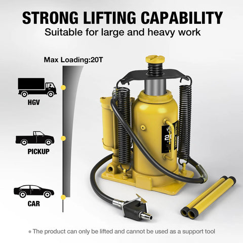 Top Shelf Pneumatic Air Bottle Jack With 20 Ton Capacity, suitable for lifting heavy cars and trucks, showing pump and hoses.