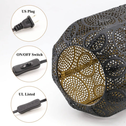 Industrial Table Lamp For Nightstand And Desk With Plug In Power, Black Hollow Carved Metal Cage Lantern Lighting, Retro Vibe