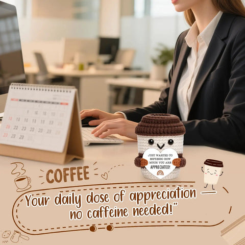 Mini Coffee Cup Thank You Gift For Coworkers, Teachers, Nurses, Bosses And Friends, Handmade Crochet Desk Decor on office desk