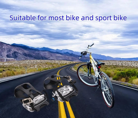 Toe Clips With Straps For Universal Bike Pedals Plastic Pedal Foot Covers for MTB and Road Bikes on a scenic road.