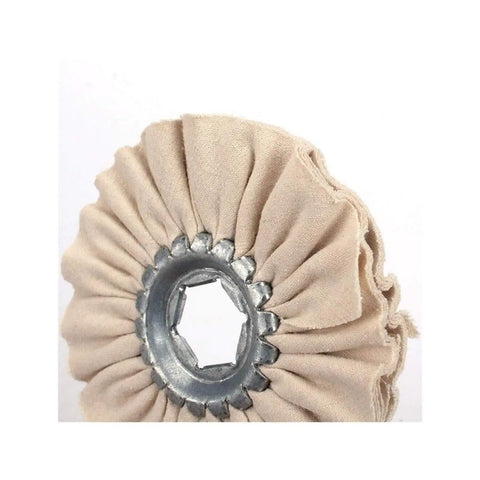 Close-up of Awesome Two Piece 120 Millimeter Cotton Airway Buffing Wheels Set with 19mm bore and durable 8 ply cloth.