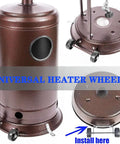 Front view of universal patio heater wheel kit in brown metal with four caster wheels and mounting plate