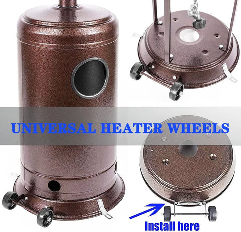 Front view of universal patio heater wheel kit in brown metal with four caster wheels and mounting plate