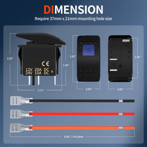 12V Blue LED Rocker Switch Waterproof Marine Grade SPST Three Pin On Off 20A Heavy Duty dimensions and connectors