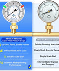 Stainless Steel Liquid Filled Pressure Gauge 0 To 60 Psi 1 Quarter NPT 2 Inch Dial Lower Mount With Hex Bushing For Pool Filter Pump Oil Air Compressor Tire Pressure Tester displayed next to another dry pressure gauge for performance comparison.