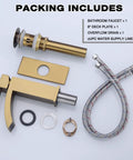 Gold Bathroom Faucet With Square Design Single Handle Waterfall Faucet For Single Hole Install Includes Brushed Brass Finish Metal Pop Up Drain And Deck Plate Fingerprint Resistant Premium Durable Brass Construction
