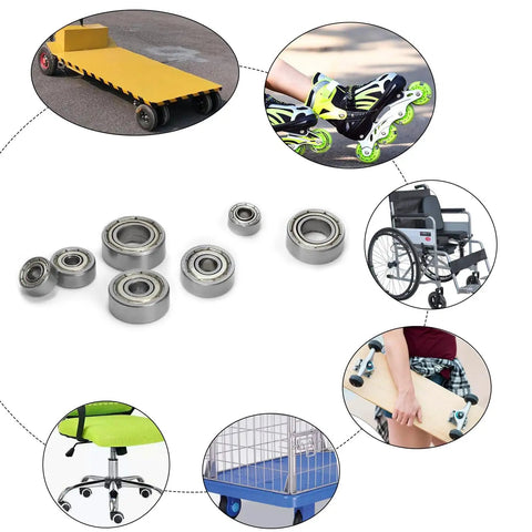 Kickass 10 Pack 624V Miniature Ball Bearing Kit Heavy Duty Carbon Steel, displayed with applications in wheels and DIY projects.