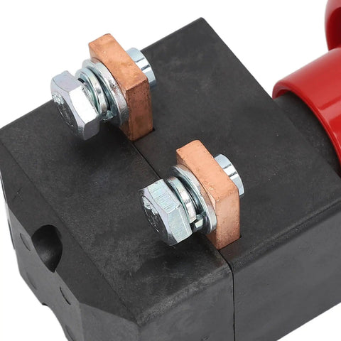 Close-up of Heavy Duty Emergency Push Button Switch For Forklift And Pallet Jack With Metal Housing DC 80V connection terminals.